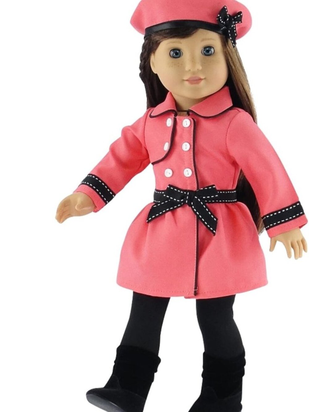 18" Doll Clothes Set - Pink Outdoor Coat, Black Leggings, Hat & Boots Outfit